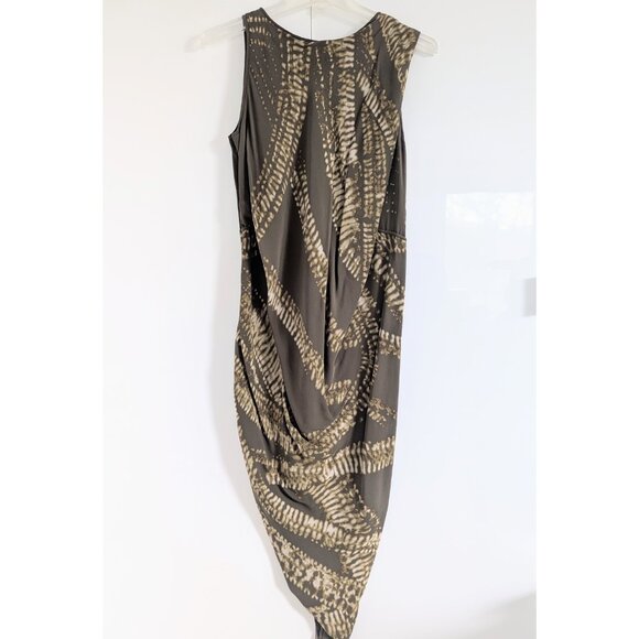 MAX AZRIA Silk Asymmetric Wrap Effect Olive Dress With Abstract Pattern; Size 4 - Picture 4 of 11